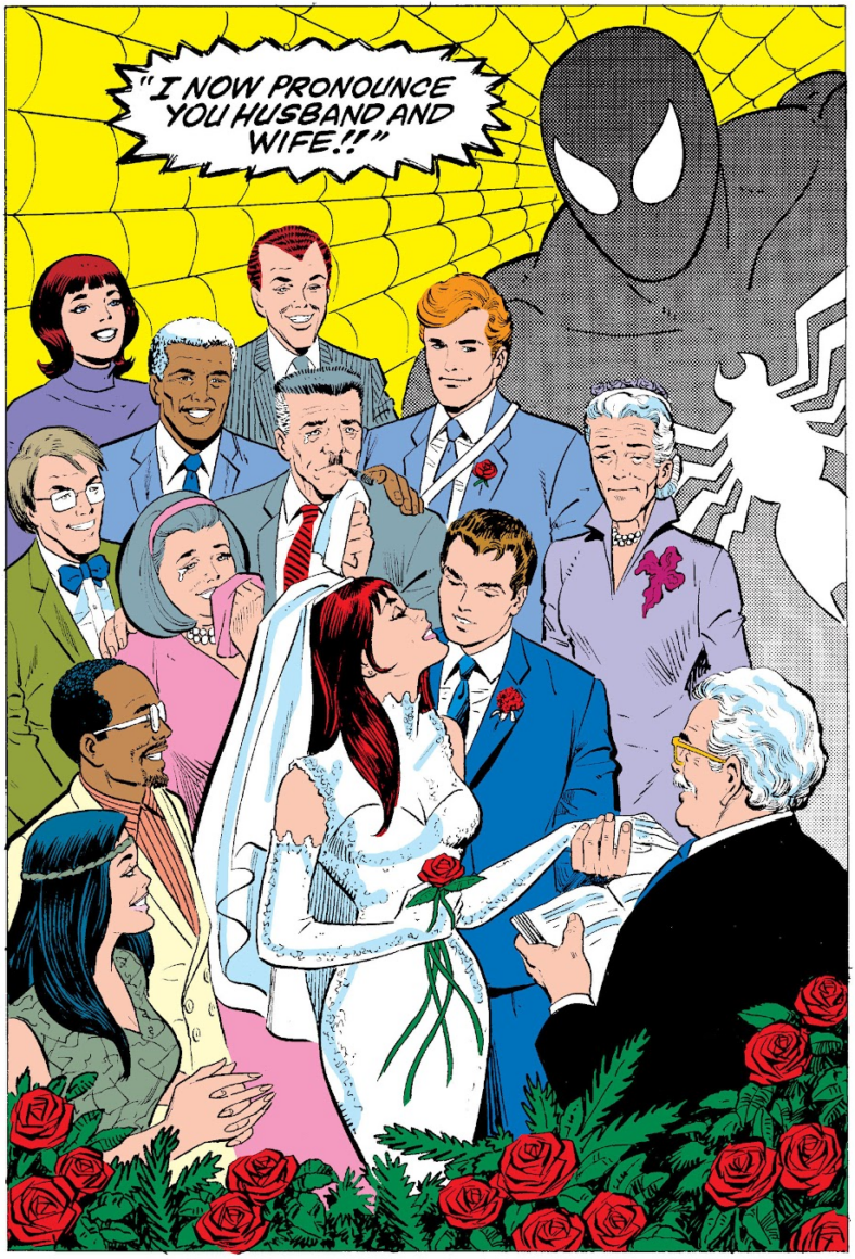 Peter and Mary-Jane tie the knot in Amazing Spider-man Annual Vol. 1 #21 cover art by John Romita Sr., words by Sholly Fisch.