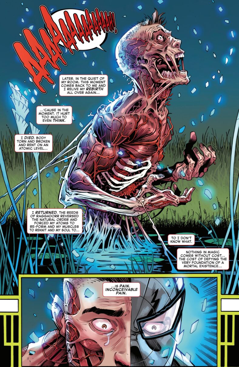 Peter Parker reassembles his atoms in Amazing Spider-Man Vol. 6 #62 "The 8 Deaths of Spider-Man - Part 2: Out of Space" (2024), Marvel Comics. Words by Joe Kelly, art by Ed McGuinness, Cliff Rathburn, Mark Farmer, Wade Von Grawbadger, Marcio Menyz, and Erick Arciniega.