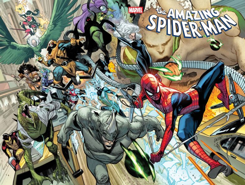 It's a stampede of Spider-Villainy on Pepe Larraz's full wrap-around cover to Amazing Spider-Man Vol. 7 #1 (2025), Marvel Comics