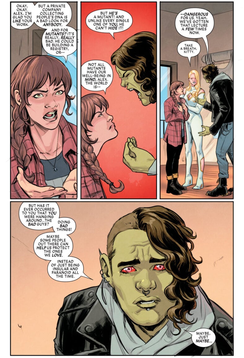 Axo explains his reasons for giving Sheldon Xenos a chance in Exceptional X-Men Vol. 1 #6 (2025), Marvel Comics. Words by Eve Ewing, art by Carmen Carnero, Nolan Woodward, and Travis Lanham.