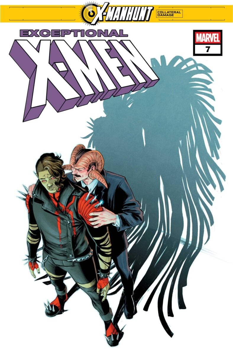 Sheldon Xenos attempts to lure Axo to his side on Carmen Carnero's cover to Exceptional X-Men Vol. 1 #7 (2025), Marvel Comics