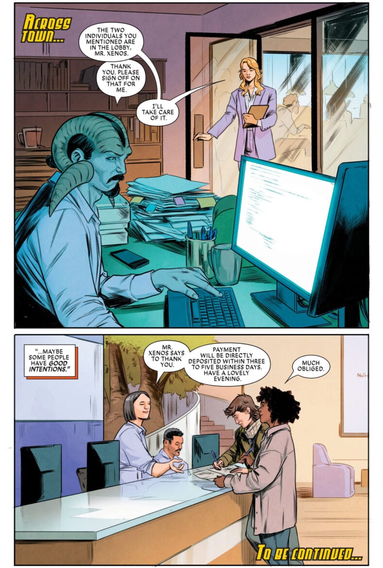 Sheldon Xenos' true villainy is hinted at in Exceptional X-Men Vol. 1 #6 (2025), Marvel Comics. Words by Eve Ewing, art by Carmen Carnero, Nolan Woodward, and Travis Lanham.