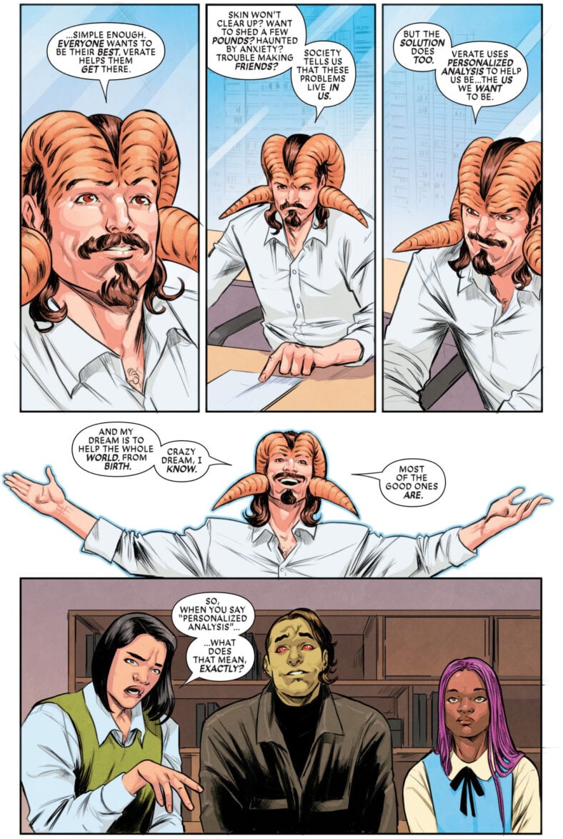 Sheldon Xenos gives the elevator pitch for his Verates app in Exceptional X-Men Vol. 1 #6 (2025), Marvel Comics. Words by Eve Ewing, art by Carmen Carnero, Nolan Woodward, and Travis Lanham.