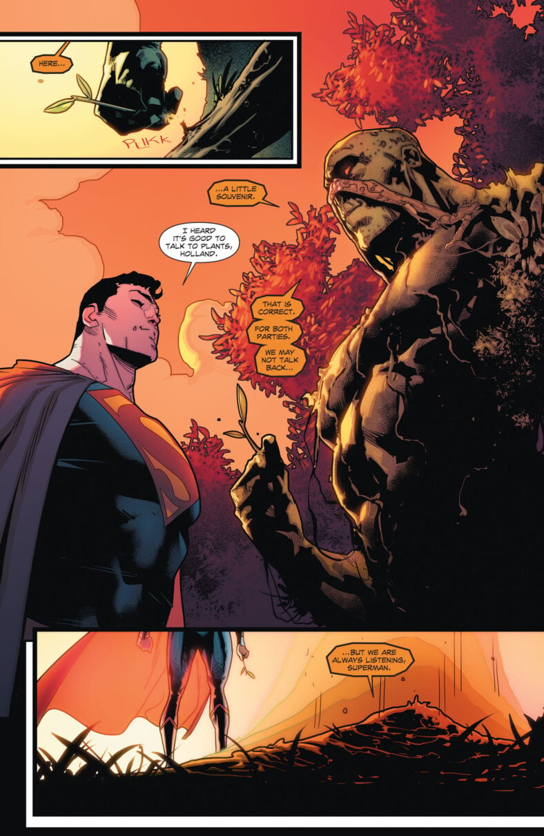 Superman thanks Swamp Thing for his assistance in Superman Annual Vol. 4 #1 "Tangled Up in Green" (2017), DC. Words by Peter Tomasi and Patrick Gleason, art by Jorge Jiménez, Alejandro Sánchez, and Sadia Temofonte.