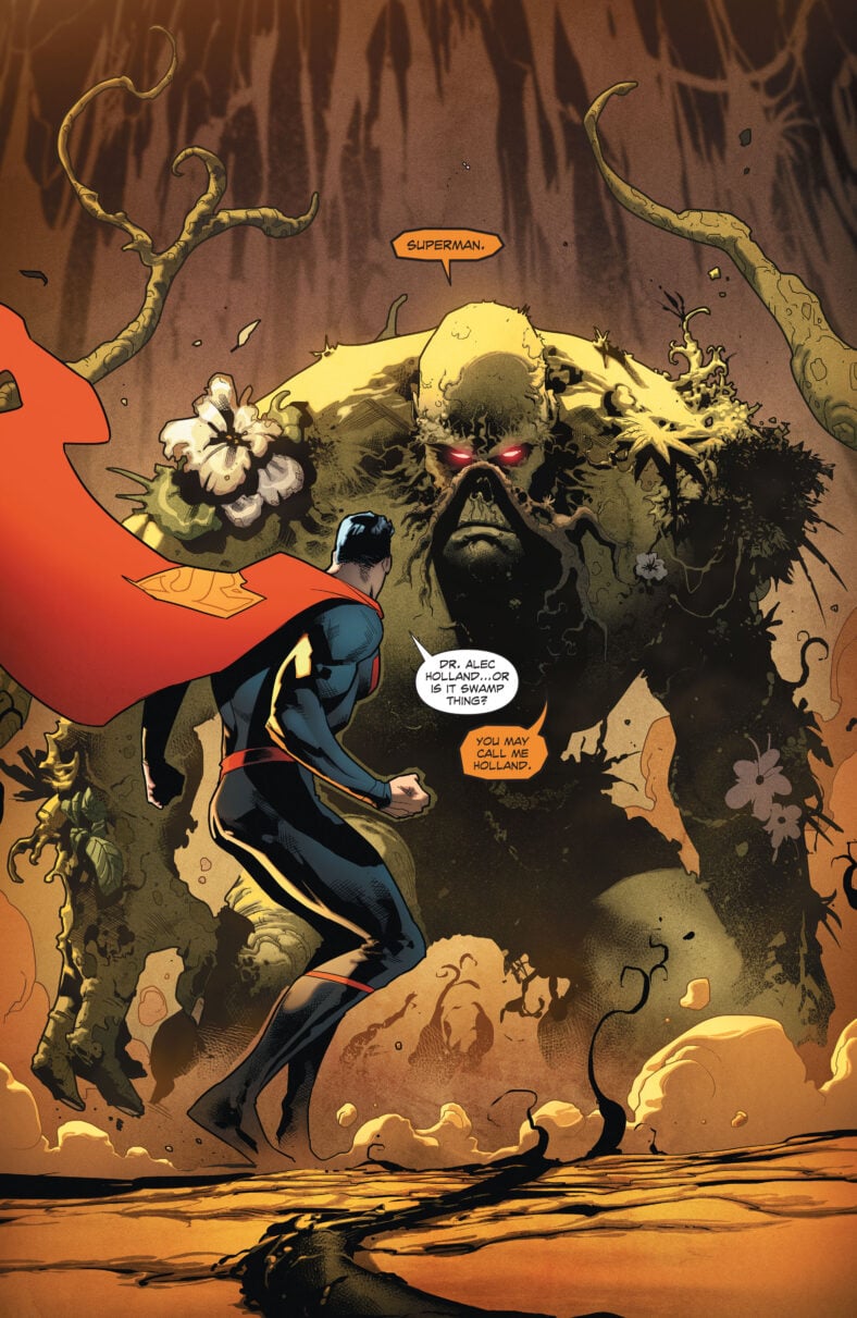 Superman responds to a distress call from Swamp Thing in Superman Annual Vol. 4 #1 "Tangled Up in Green" (2017), DC. Words by Peter Tomasi and Patrick Gleason, art by Jorge Jiménez, Alejandro Sánchez, and Sadia Temofonte.