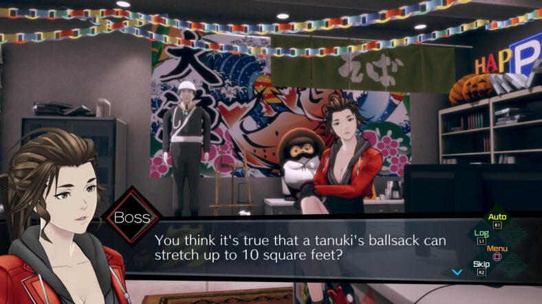 Boss (Yuko Kaida) has a question for Kaname Date (Tarusuke Shingaki) in AI: The Somnium Files (2019), Spike Chunsoft