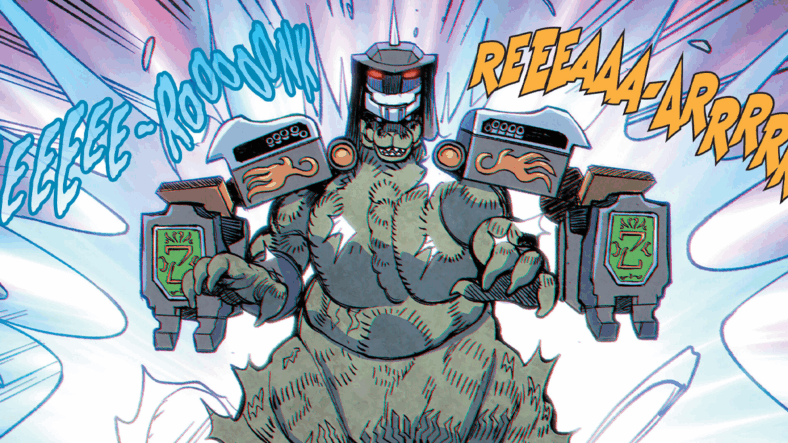 Godzilla dons the Dragonzord Armor against  Lanterra and Two-Headed Parrot in Godzilla vs. The Mighty Morphin Power Rangers II #3 (2024), BOOM! Studios. Words by Cullen Bunn, art by Baldemar Rivas, Andrew Dalhouse, and Johanna Nattalie.