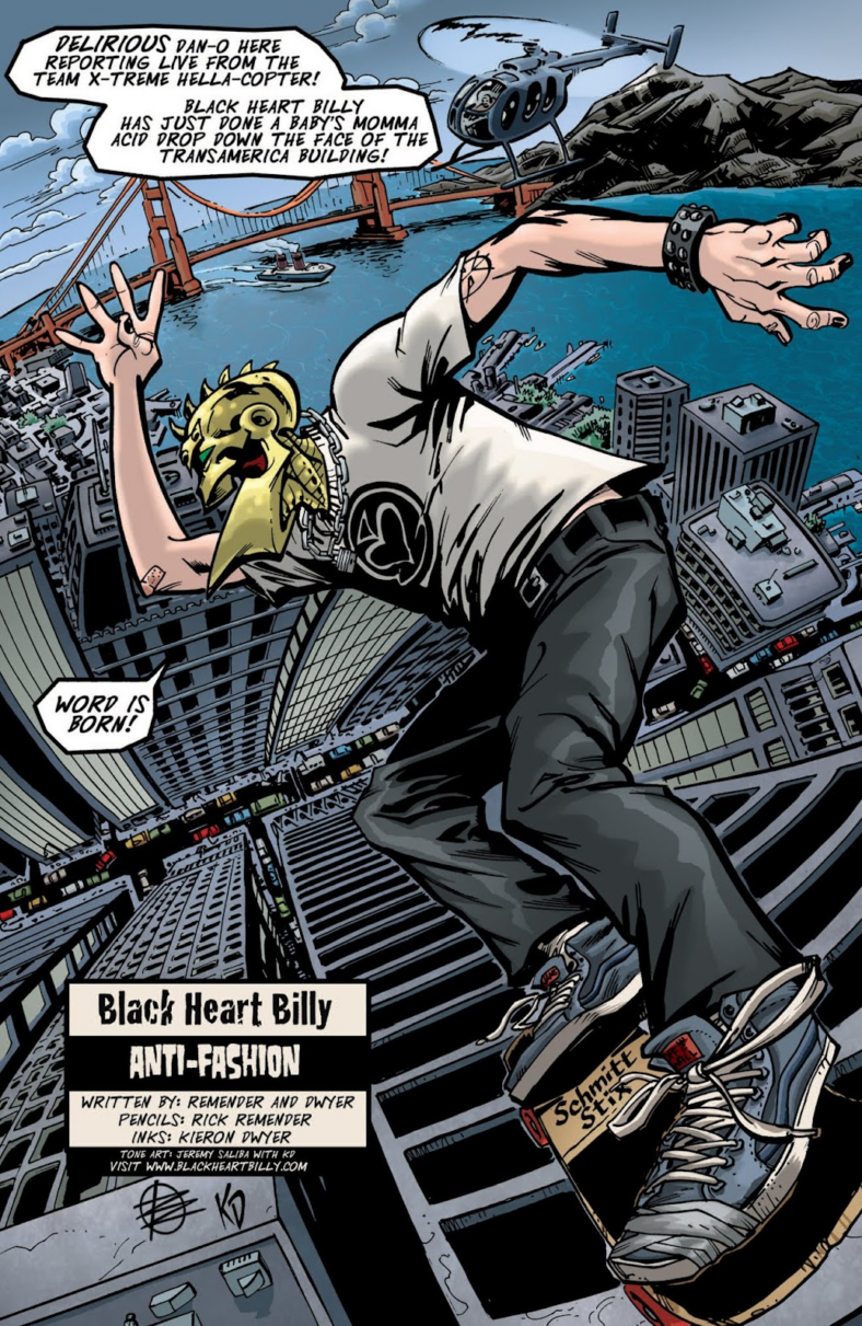 Billy prepares to wow the crowd in More Fund Comics: An All-Star Benefit Comic for the CBLDF Vol. 1 #1 "Anti-Fashion" (20023), Sky Dog. Words by Rick Remender and Kieron Dwyer, art by Rick Remender and Kieron Dwyer.