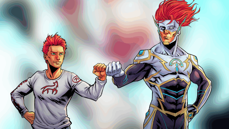 Zephyr Arland daps-up his alter-ego in RippaZine Vol. 1 #5 "Blue-Shift: Tryouts" (2025), Rippaverse. Words by Andrew Rodriguez, art by Edu Souza and Andrew Cramer.