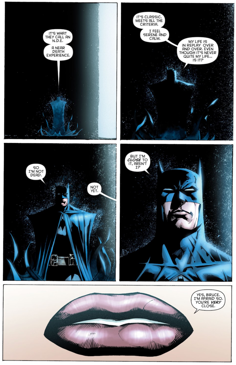 Batman finds himself on the precipice of death in Detective Comics Vol. 1 #853 "Whatever Happened to the Caped Crusader? Part 2" (2009), DC. Words by Neil Gaiman, art by Andy Kubert, Scott Williams, Alex Sinclair, and Jared K. Fletcher.