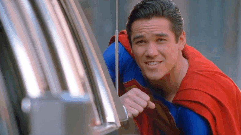 Superman (Dean Cain) prevents Preston Carpenter (Dean Stockwell) from speeding away in Lois & Clark: The New Adventures of Superman Season 1 Episode 17 "The Rival" (1994), Warner Bros. Television