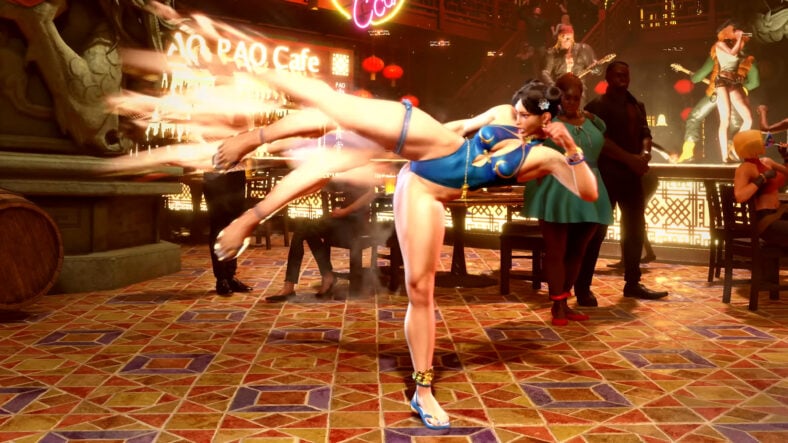 Chun-li (Fumiko Orikasa) unleashes a Hyakuretsukyaku in Street Fighter 6 (2023), Capcom