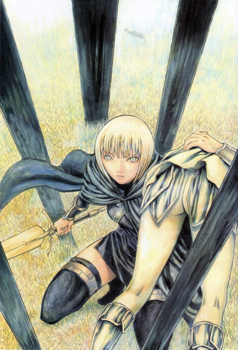 Clare fights her way to safety in the 'Memorabilia' Claymore series art book (2010), Shueisha. Art by Norihiro Yagi.