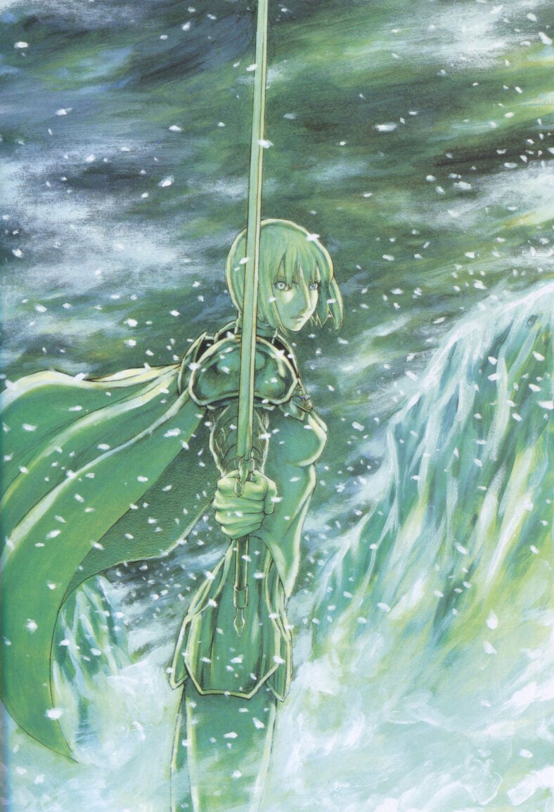 Clare draws her sword in the 'Memorabilia' Claymore series art book (2010), Shueisha. Art by Norihiro Yagi.