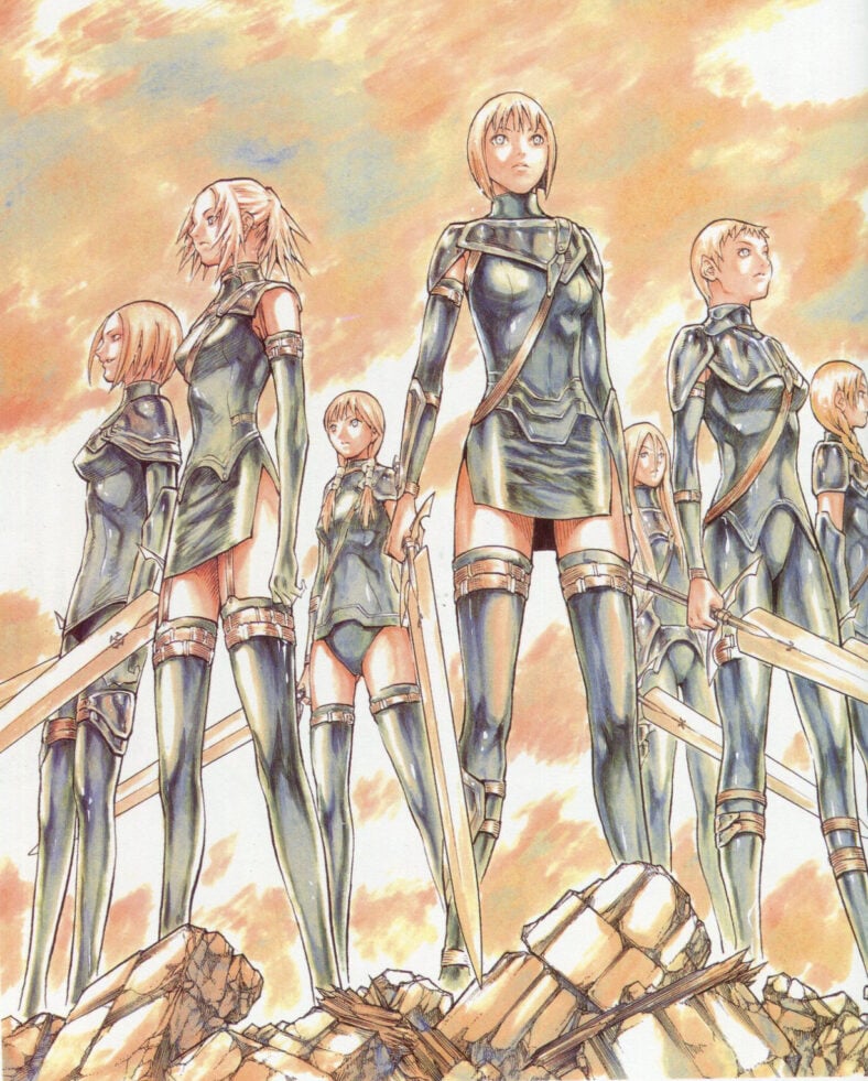 The latest group of silver-eyed witches stands assembled in the Claymore series art book (2010), Shueisha. Art by Norihiro Yagi.