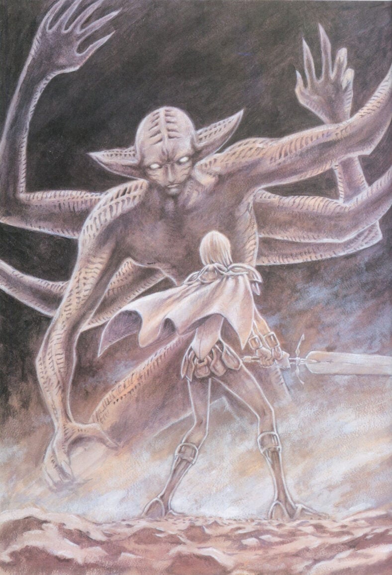 Clare takes on a Yoma in the 'Memorabilia' Claymore series art book (2010), Shueisha. Art by Norihiro Yagi.