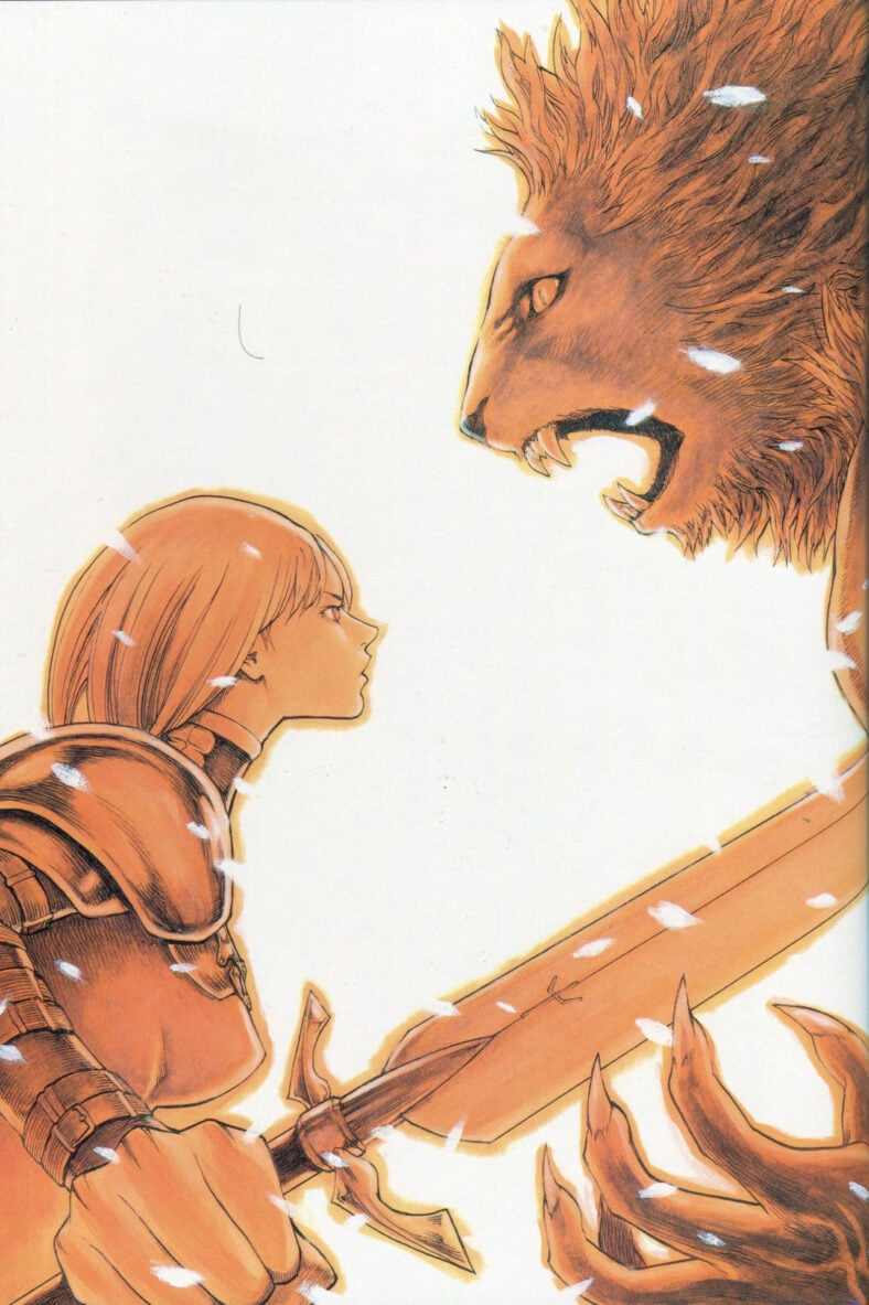 Clare takes on Rigardo in the 'Memorabilia' Claymore series art book (2010), Shueisha. Art by Norihiro Yagi.