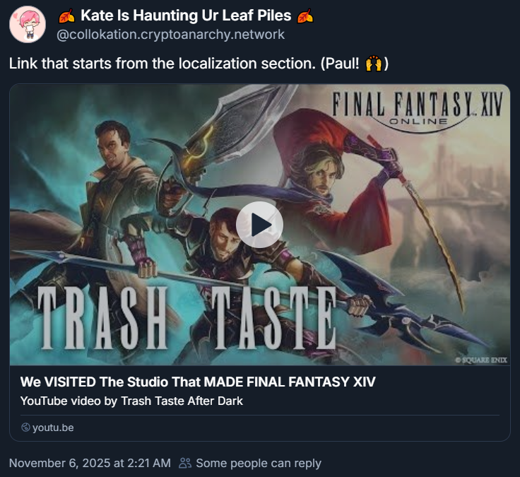 Kate Cwynar offers praise to Paul Chandler appearing in a Trash Taste video about Final Fantasy XIV via Bluesky