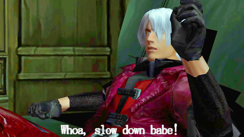 Dante (Drew Coombs) isn't too pleased with Trish (Sarah Lafleur) riding a motorcycle through his front door in Devil May Cry Remastered (2001/2018), Capcom