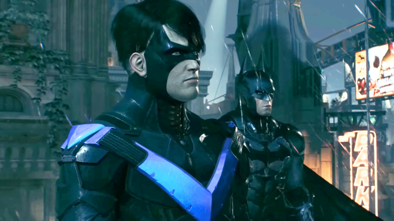 Nightwing (Scott Porter) gives Batman (Kevin Conroy) a lead on the Joker's (Mark Hamill) gang in Batman: Arkham Knight (2015), Warner Bros. Games