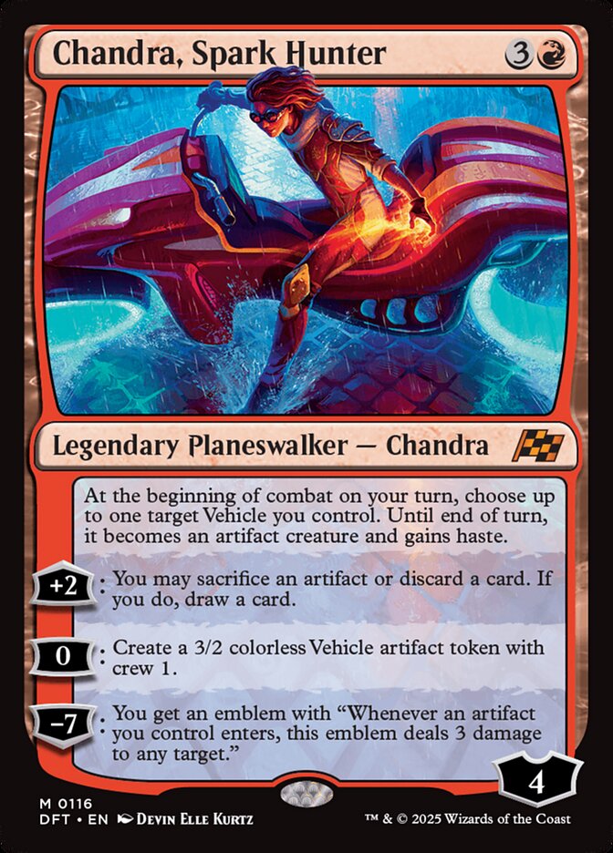 Chandra performs the Akira bike slide via Chandra, Spark Hunter (Card #116), Magic: The Gathering - Aetherdrift (2025), Wizards of the Coast. Art by Devin Elle Kurtz.