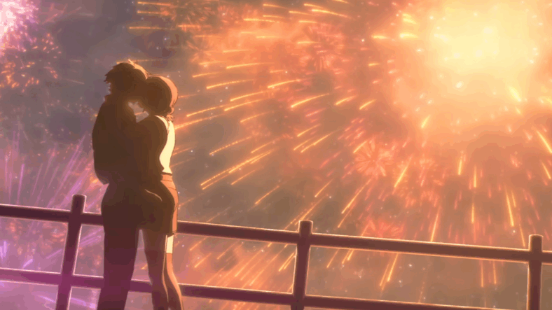 Reze (Reina Ueda) kisses Denji (Kikunosuke Toya) beneath a firework-lit sky in Chainsaw Man - The Move: Reze Arc (2025), Mappa