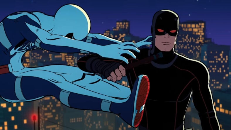 Peter Parker (Hudson Thames) takes a beating from Daredevil (Charlie Cox) in Your Friendly Neighborhood Spider-Man Season 1 Episode 6 "Duel with the Devil" (2025), Marvel Entertainment