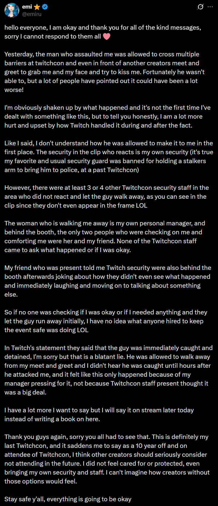 Emiru discusses the assault at TwitchCon 2025 via X