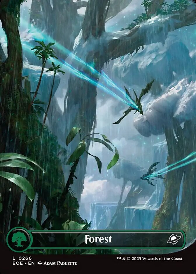 A lone pilot cruises through the forest of a new planet via Forest (Card #266), Magic: The Gathering - Edge of Eternities (2025), Wizards of the Coast. Art by Adam Paquette.