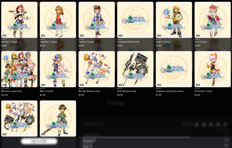 The in-app purchases, sans the 'Full Version', as offered for the PlayStation 4 release of Final Fantasy Crystal Chronicles Remastered (2020), Square Enix