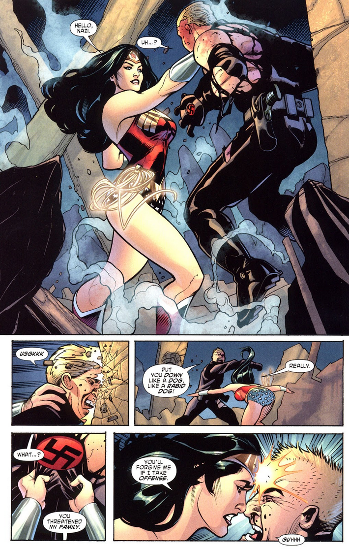 Wonder Woman delivers a well-deserved beat down to Captain Nazi in Wonder Woman Vol. 3 #15 "The Circle, Part Two of Four: Dead Heat" (2008), DC. Words by Gail Simone, art by Terry Dodson, Racehl Dodson, Alex Sinclair, and John J. Hill.