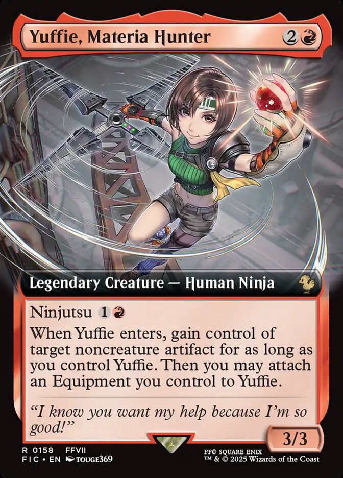 The Single White Rose of Wutai shows off her Materia-stealing skills via Yuffie, Materia Hunter (Card #158), Magic: The Gathering - Final Fantasy (2025), Wizards of the Coast. Art by Touge369.