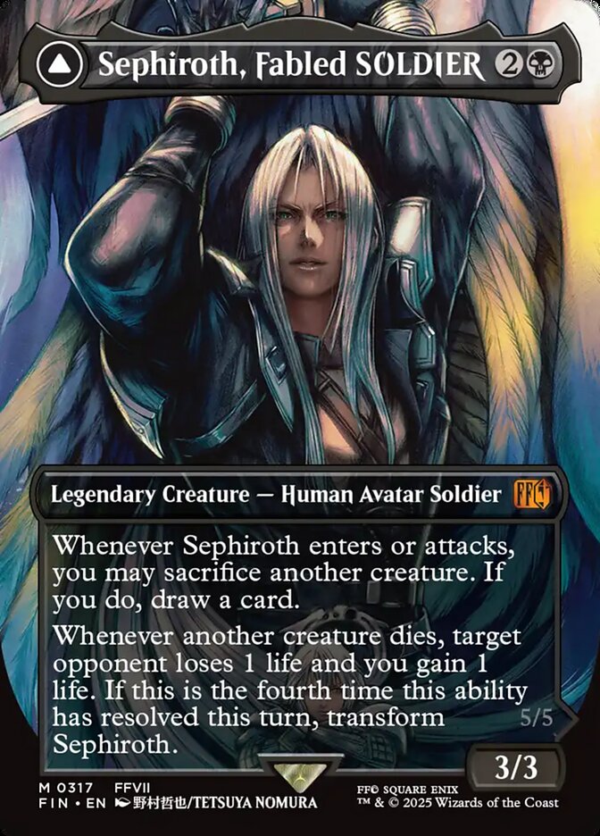 Jenova's son will never be a memory via Sephiroth, Fabled Soldier (Card #317), Magic: The Gathering - Final Fantasy (2025), Wizards of the Coast. Art by Tetsuya Nomura.