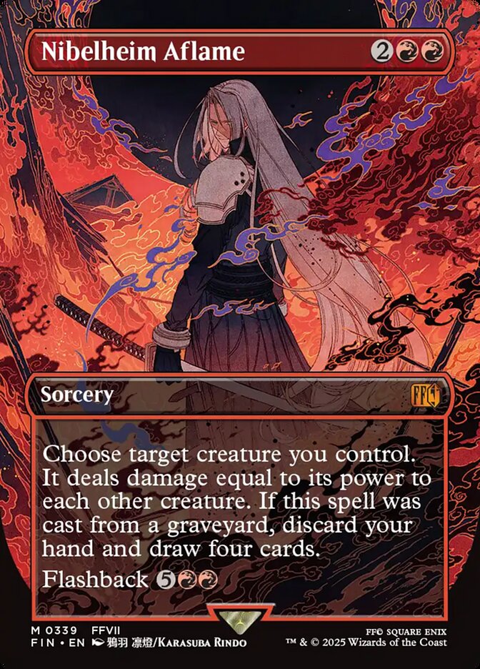 Sephiroth lays waste to Cloud's hometown via Nibelheim Aflame (Card #426), Magic: The Gathering - Final Fantasy (2025), Wizards of the Coast. Art by Karasuba Rindo.
