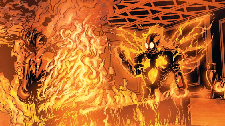 Ted Carson lights up his predecessor, Garfield Lynns, in Nightwing Vol. #3 Annual #1 (2013), DC. Words by Kyle Higgins, art by Jason Masters, Daniel Sampere, Vicente Cifuentes, Chris Sotomayor, and Dave Sharpe.