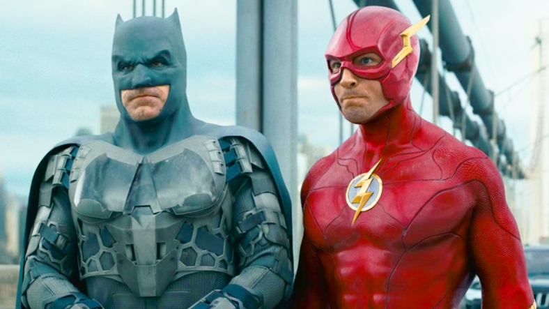 Bruce (Ben Affleck) and Barry (Ezra Miller) are embarrassed after being exposed to Diana's (Gal Gadot) Lasso of Truth in The Flash (2023), Warner Bros. Pictures