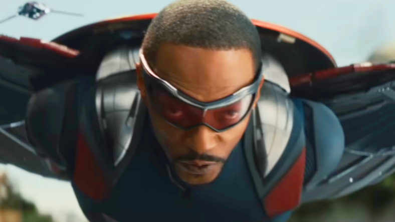 Sam Wilson (Anthony Mackie) and Red Wing give chase to Sidewinder (Giancarlo Esposito) in Captain America: Brave New World (2025), Marvel Entertainment