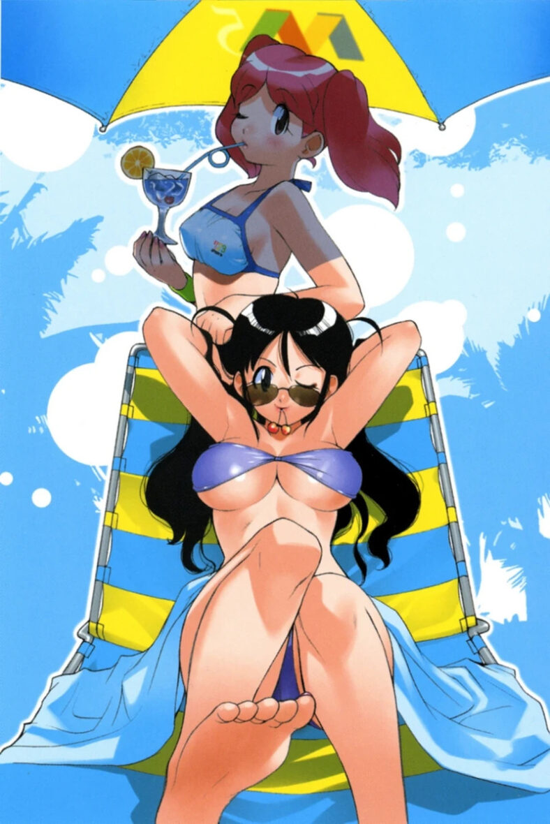 Natsumi strolls by while her mom catches some rays on Mine Yoshizaki's color pin-up to Keroro Gunso (Sgt. Frog) (2000), Kadokawa