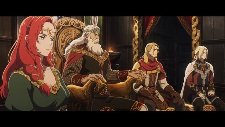 Hèra (Gaia Wise), King Hammerhand (Brian Cox), Haleth (Benjamin Wainwright), and Háma (Yazdan Qafouri) entertain guests in The Lord of the Rings: The War of the Rohirrim (2024), Warner Bros. Animation