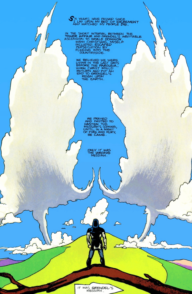 Petrus Christus remembers the day his world ended in Grendel Tales: Devil's Hammer Vol. 1 #1 "Imitation of Life Part 1: Black Blood" (1994), Dark Horse Comics. Words by Rob Walton, art by Rob Walton, Bernie Mireault, Kathryn Delaney, and Richard Starkings.