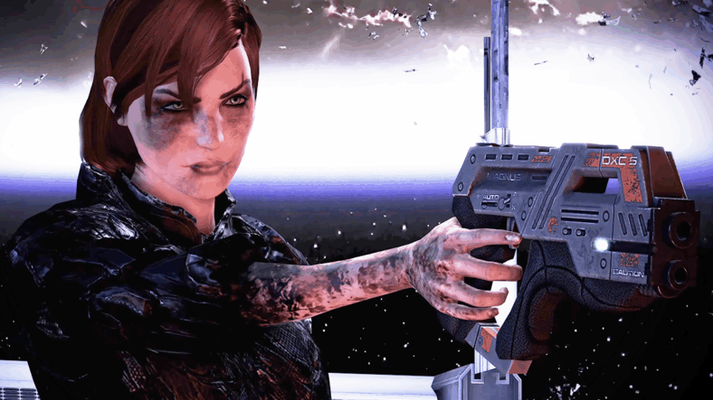 Commander Shephard (Jennifer Hale) puts a decisive end to the Reaper threat in Mass Effect 3 (2012), BioWare