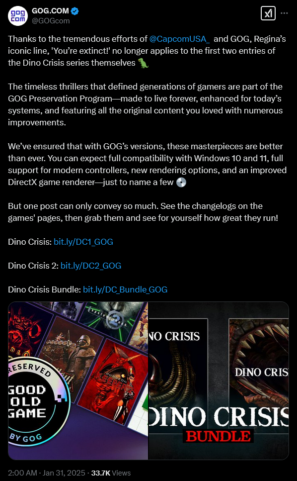 GOG and Capcom announce the addition of 'Dino Crisis' and 'Dino Crisis 2' to the GOG Preservation Program.