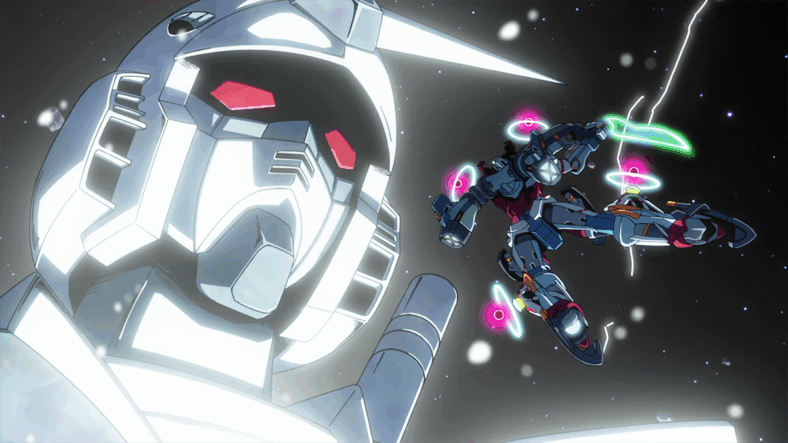Machu (Tomoyo Kurosawa) seeks to stop Shuji (Shimba Tsuchiya) from destroying the past, present, and future in Mobile Suit Gundam GQuuuuuuX Episode 12 "This Is Why I..." (2025), Studio Khara