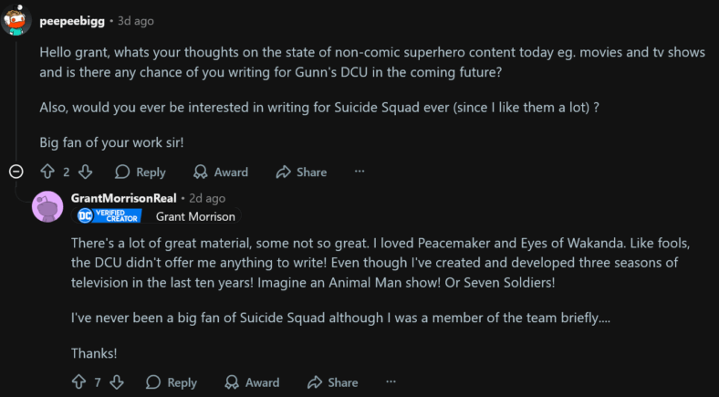 Grant Morrison answers fan questions via the Reddit.com/r/DCcomics subreddit