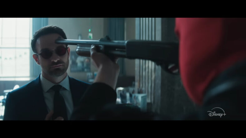 A masked man draws a shotgun on Matt Murdock (Charlie Cox) in Daredevil: Born Again (2025), Marvel Entertainment