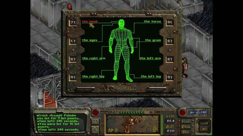 The Vault Dweller prepares to go for a headshot on his raider opponent in Fallout 1 (1997), Bethesda Softworks