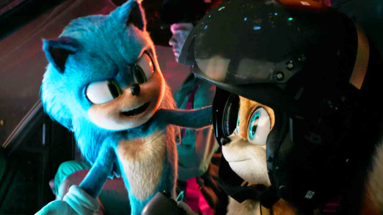 Sonic (Ben Schwartz) chats with Tails (Colleen O'Shaughnessey) as he flies a chopper in Sonic the Hedgehog 3 (2024), Paramount Pictures