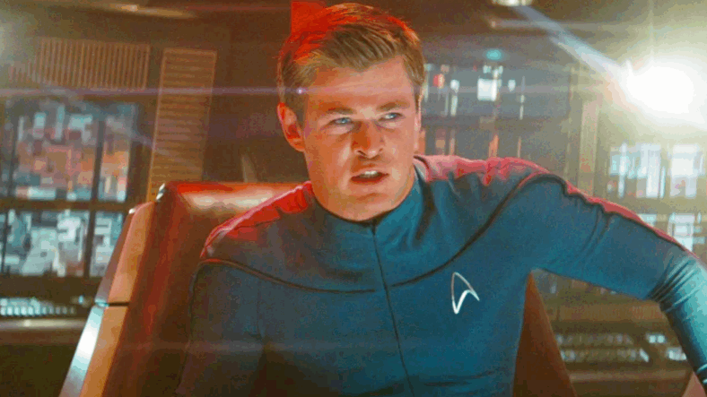 Lt. Kirk (Chris Hemsworth)  orders the evacuation of the U.S.S. Kelvin in Star Trek (2009), Paramount Pictures
