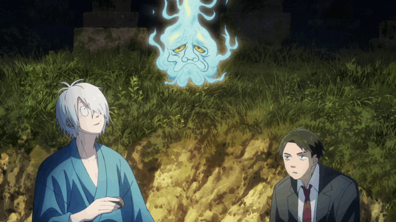 Medama Oyaji (Toshihiko Seki) and Mizuki (Hidenobu Kiuchi) enjoy a smoke with a spirit in The Birth of Kitarō: Mystery of GeGeGe (2023), Toei Animation