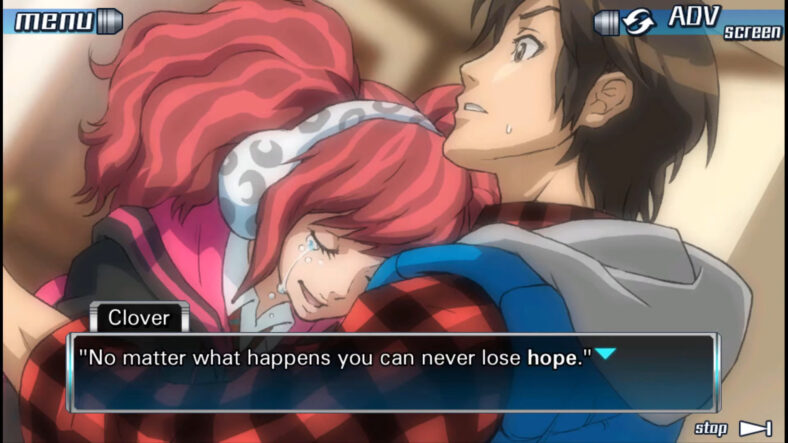 A distressed Clover (Yukari Tamura) steals a hug from Junpei (Tatsuhisa Suzuki) in Zero Escape: Nine Hours, Nine Persons, Nine Doors (2009), Spike